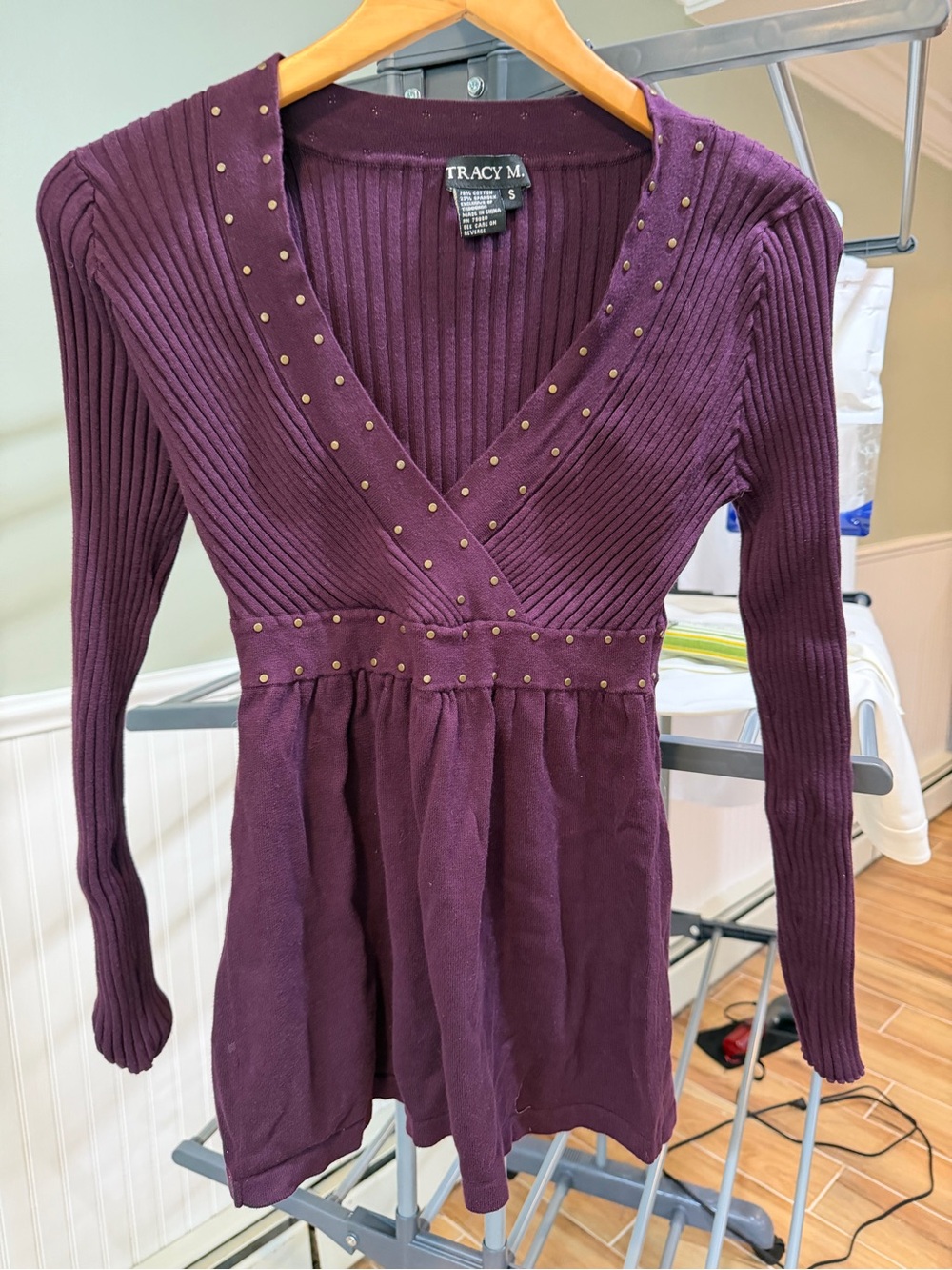 Tracy M Deep Plum Ribbed V-Neck Studded Knit Tunic